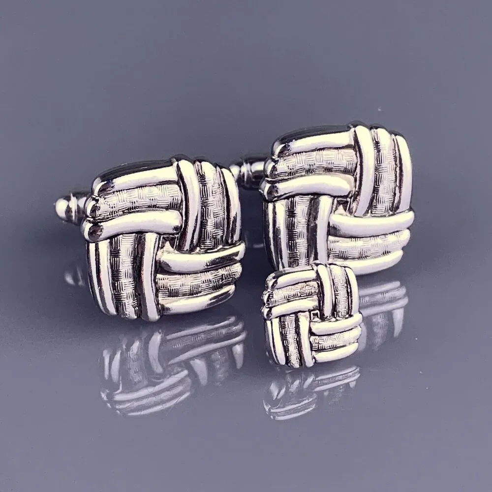 Square Weave Interlocking Cufflinks Tie Tack Pin Silver Tone Anson Vintage